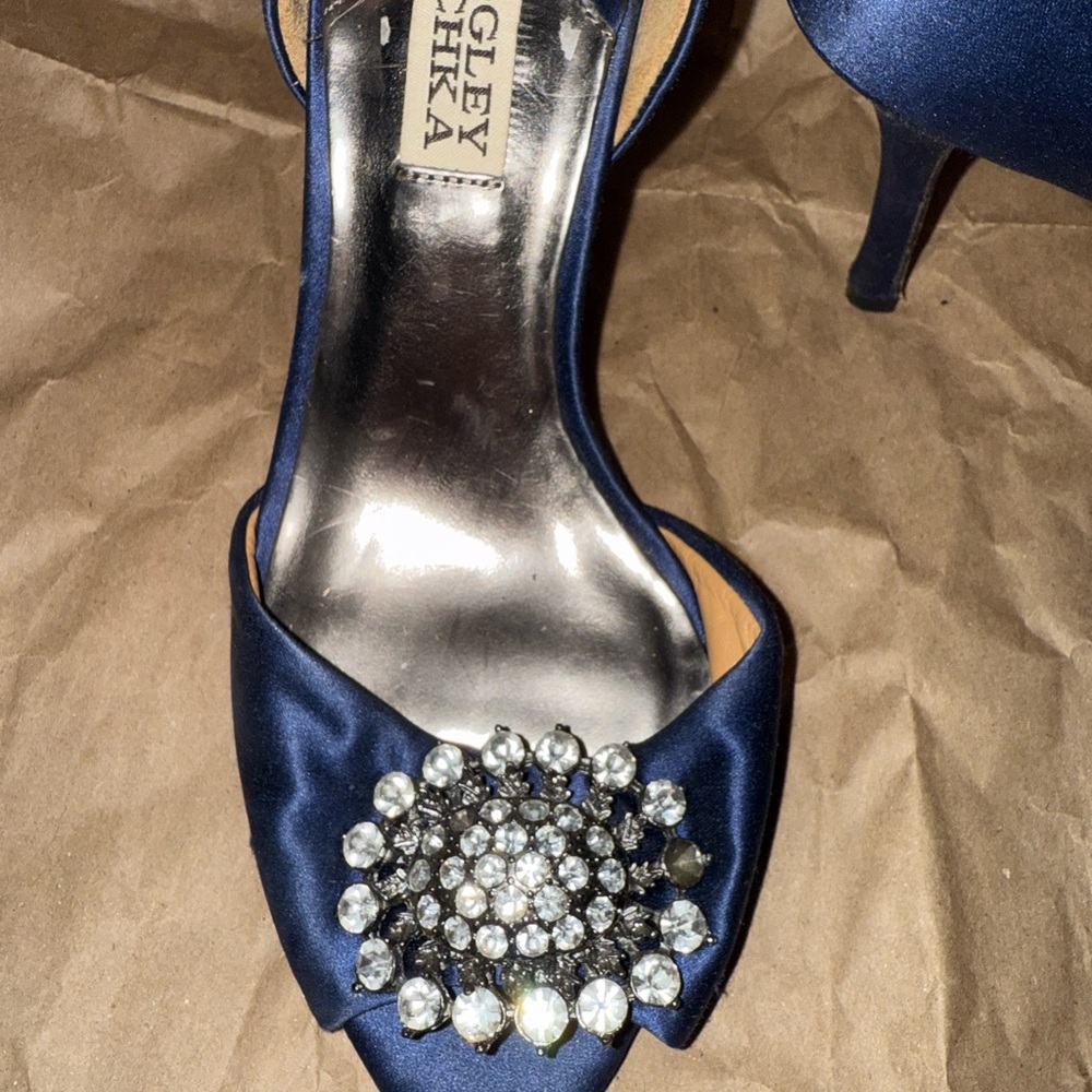 Badgley Mischka Midnight Blue Satin Heels - Picture 2 of 2